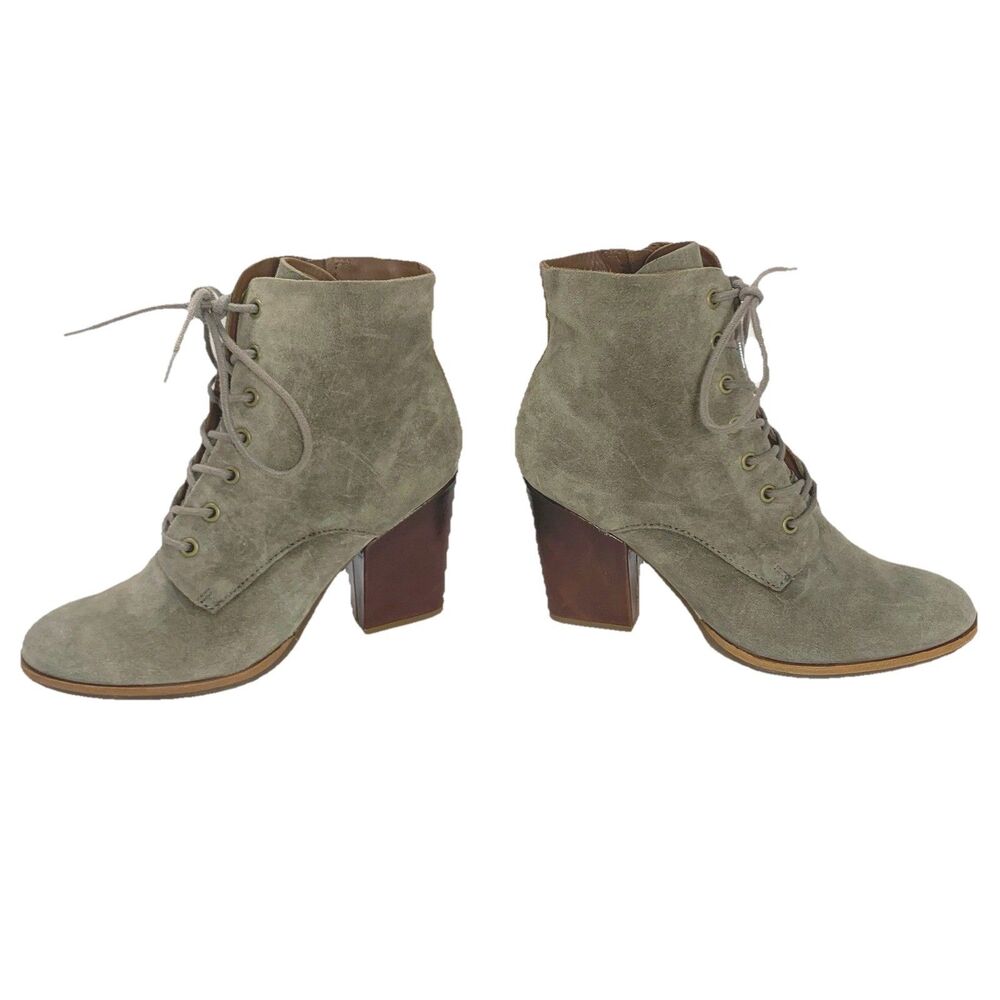 Kork-Ease Suede Leather Gray Brown Lace-Up Zippered Heeled Ankle Boots Size 7.5”